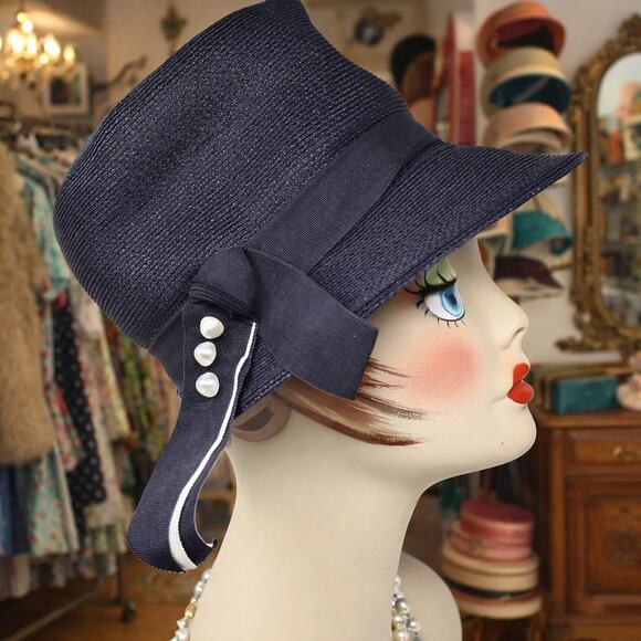 Vintage 50s Navy Cloche Hat White Button Trim Ribbon Bow Union Tag - Hey Viv - Picture 2 of 9